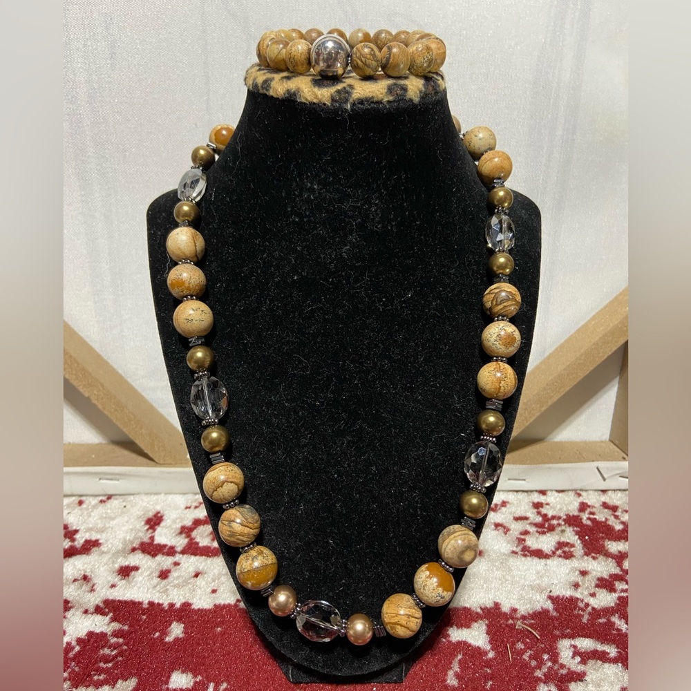 Jasper Beaded Necklace and Stretch Bracelet, Earth Tone, 925 Bead on Bracelet